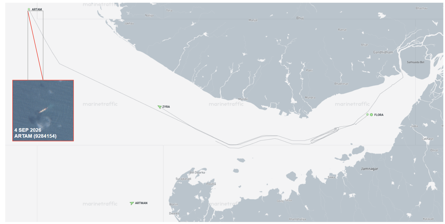 Iran-linked cargo ships in the Gulf of Kutch on September 4 (Credit: Marine Traffic & ESA Copernicus)