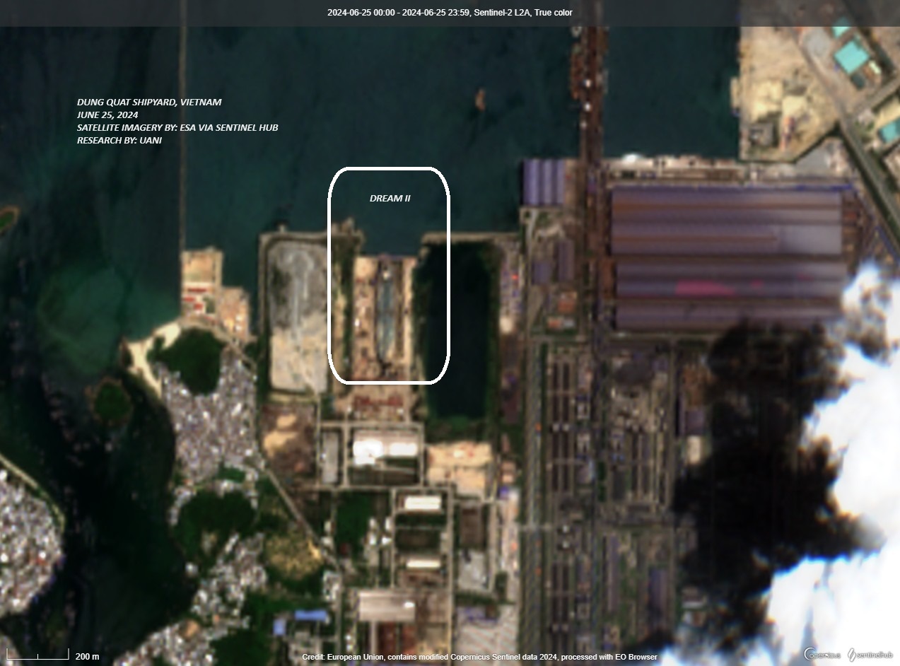 Satellite imagery of Iranian Tanker DREAM II at the Dung Quat Shipyard, Vietnam (Source: Sentinel Hub)